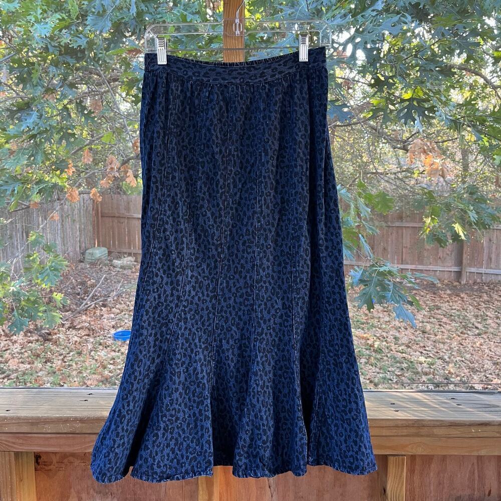 Studio West Women's Vintage Leopard Print Blue Denim Midi Skirt Size S